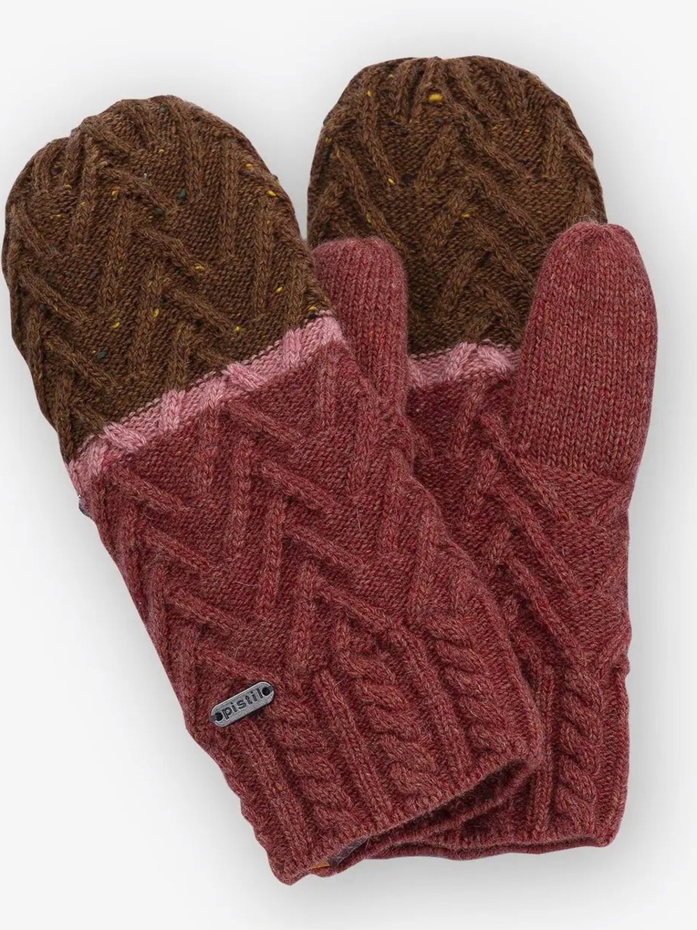 Pistil Two-Tone Cable Knit Mittens - Brown & Dusty Rose